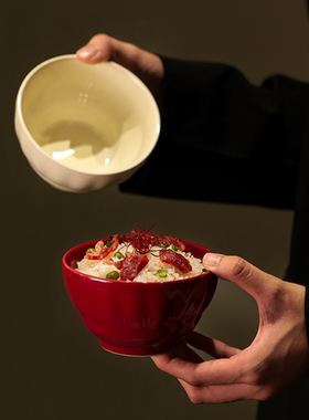 JM 复古红波纹美学 陶瓷米饭碗家用2026新款漂亮饭碗好看结婚餐具