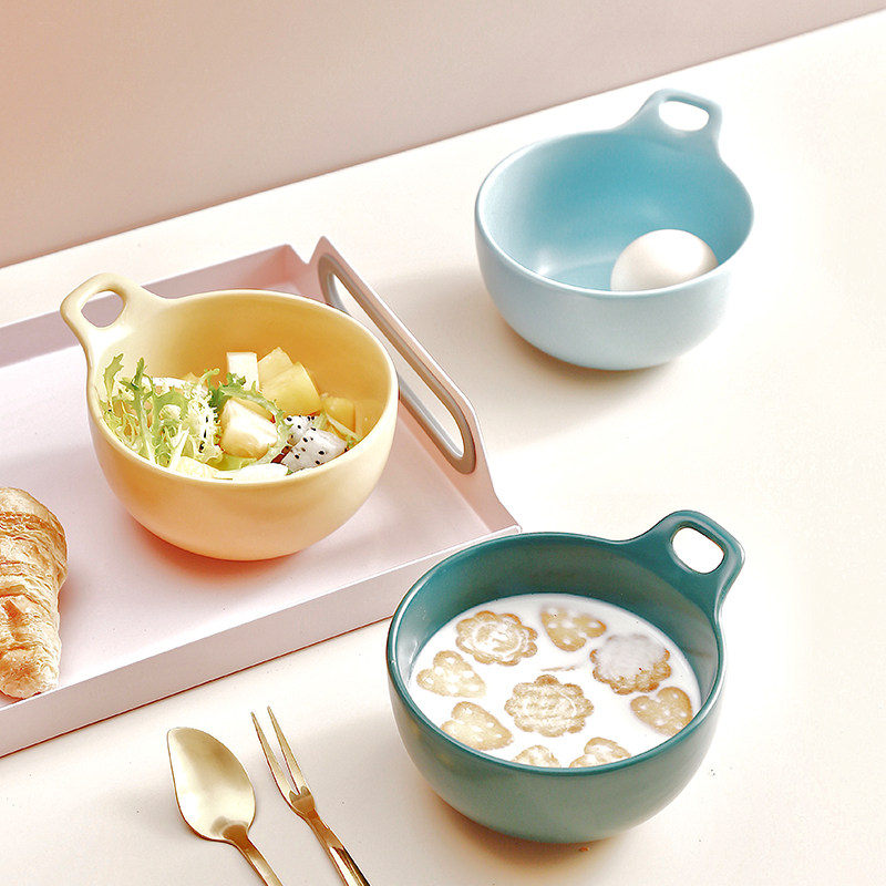 Bát gốm sứ một tai nhiều màu bắc âu bát ăn sáng sữa bò bát tráng miệng pudding bát salad hoa quả bát nấu cơm lò nướng