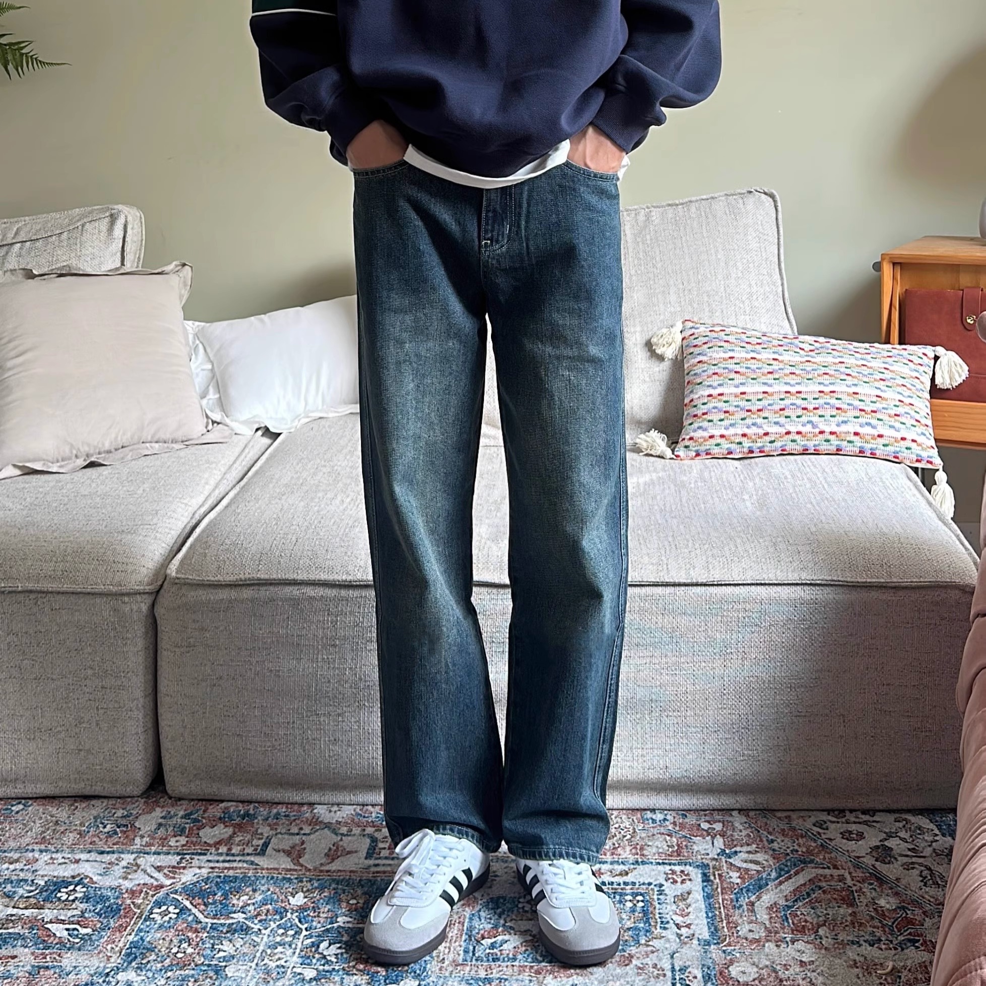 复古水洗做旧直筒牛仔裤