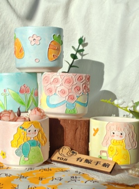 手绘多肉花盆粗陶仿濑户烧花卉可爱动物硅质室内拇指盆