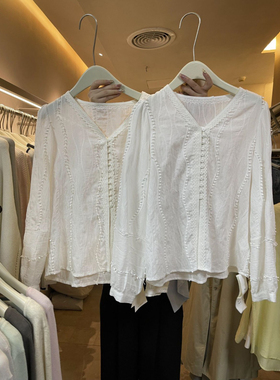 十三行新款法式泡泡袖重磅蕾丝高级感超仙白色v领亲肤衬衫