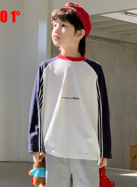 edo1一度童装26春夏新美式复古撞色拼接长袖T恤男宽松插肩袖上衣