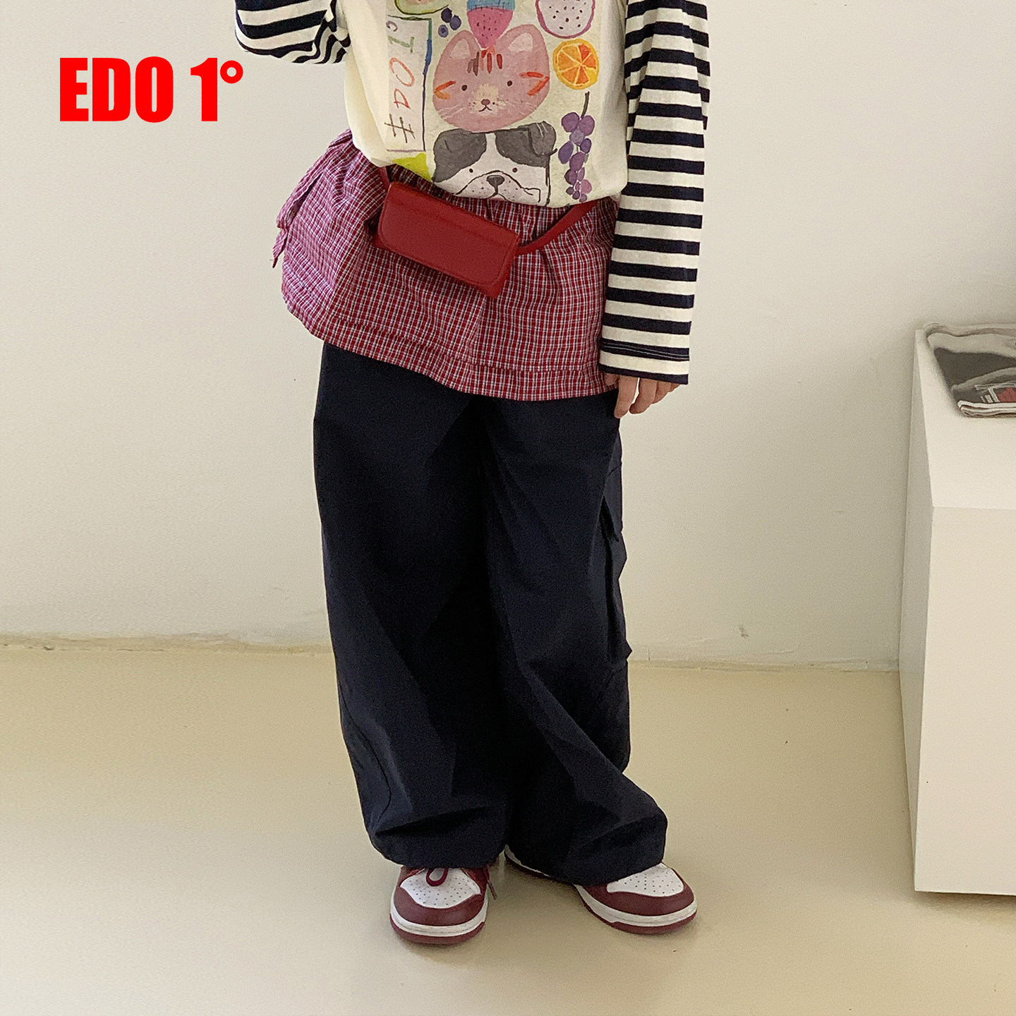 edo1一度女童复古宽松阔腿长裤