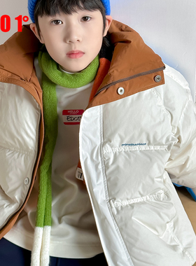 edo1一度童装冬季新款户外男女童短款羽绒服拼色保暖连帽撞色外套