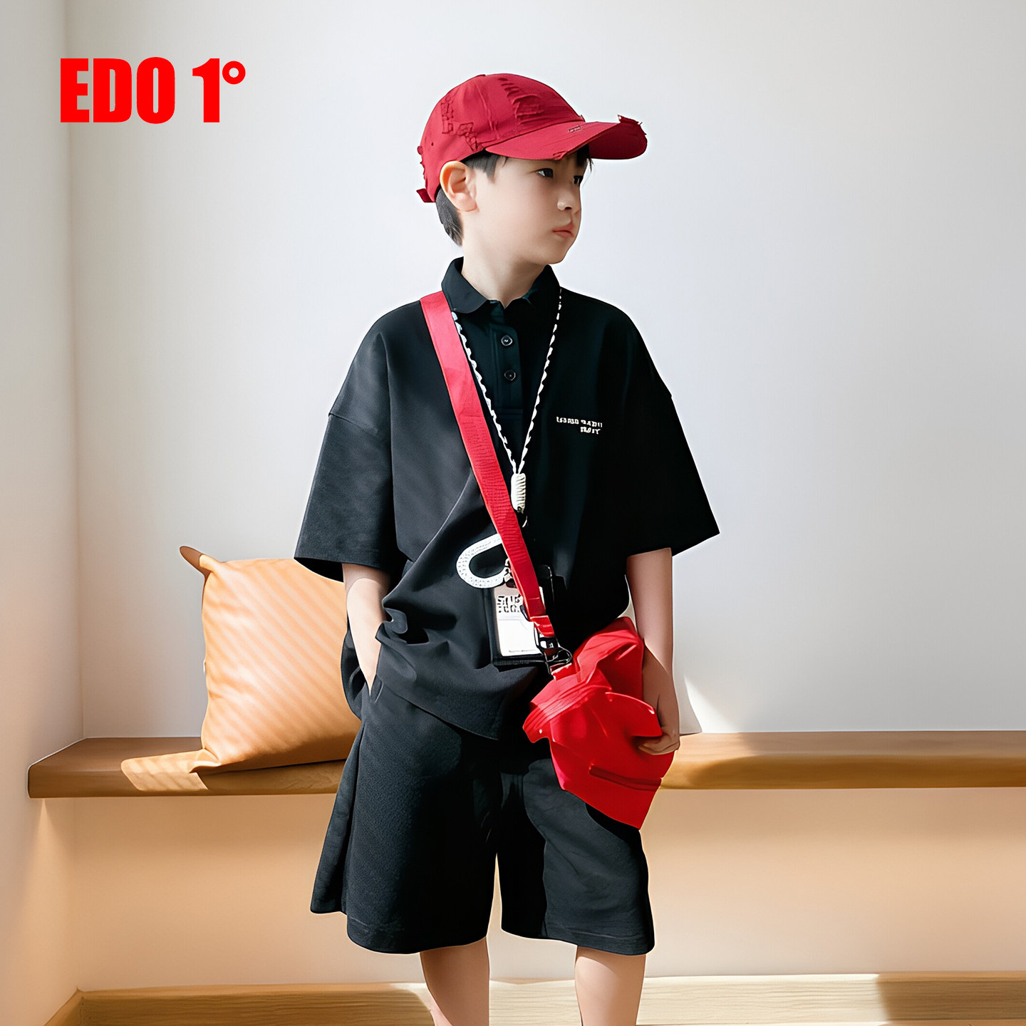 edo一度童装男童黑色短袖套装夏季休闲运动风两件套韩版潮牌薄款