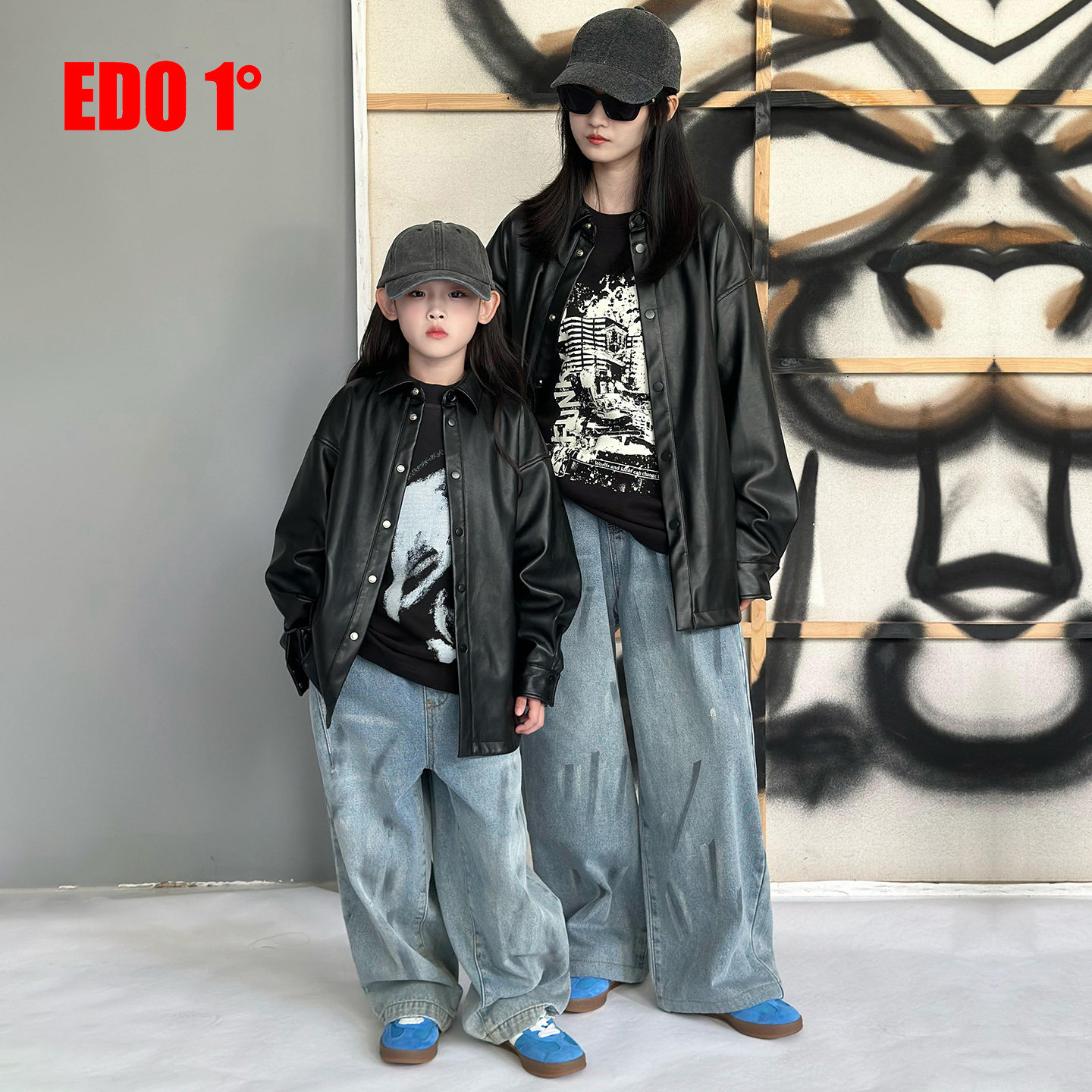 edo1一度童装秋冬季新款男女童时尚休闲PU涂层衬衫儿童潮酷皮衣潮