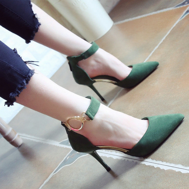 2019秋季新款淺口絨面細跟高跟鞋壹字環扣單鞋女綠色OL名媛女在類目 女鞋, 低幫鞋中 - 來自Buy2taobao.com提供專業的淘寶代購服務