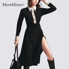 MeetMetro2019秋装新款黑色连衣裙女中长款收腰显瘦开叉方领裙子