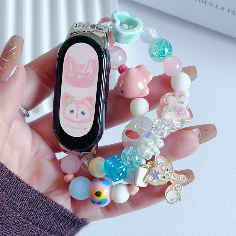 卡通小猫贝儿diy手链适用小米手环腕带9/8/7/6/5/4手表3表带nfc三四五六七八九代中国风手链手串高级定制个性