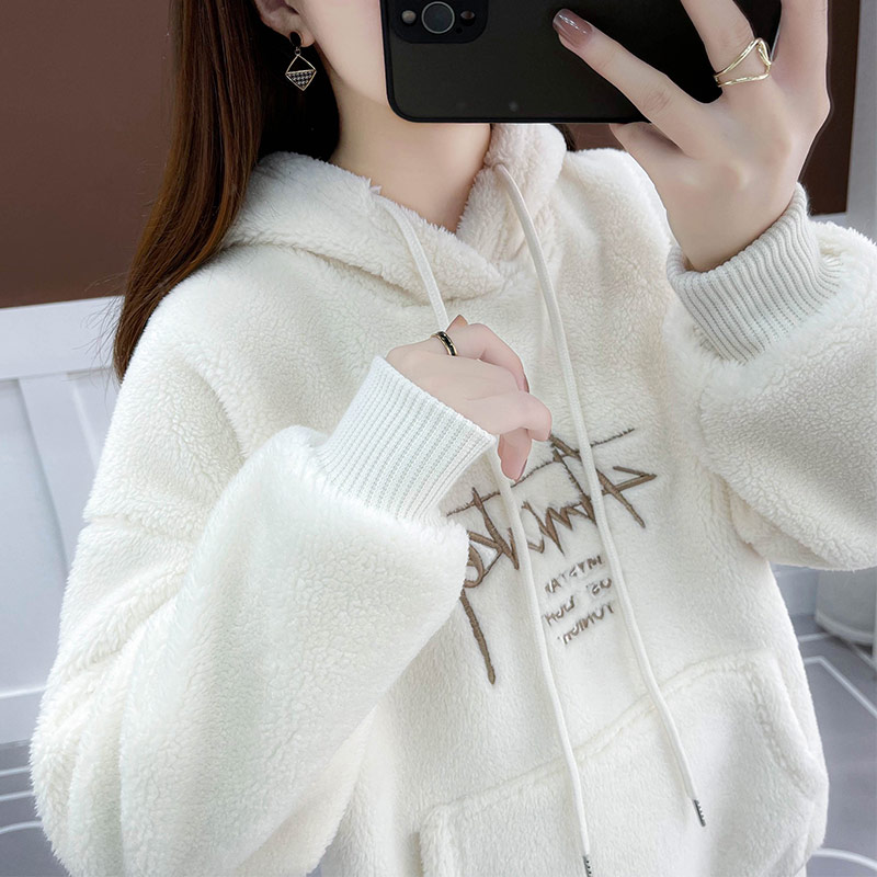 女童卫衣加绒加厚连帽毛毛衣外套