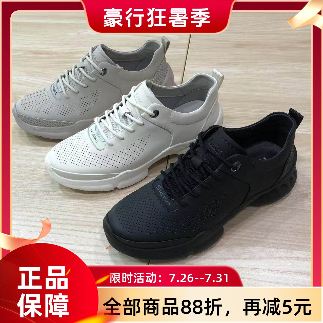 豪行2025年夏季新品时尚休闲真皮软底单网男单鞋15256033专柜正品