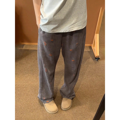 破洞弯刀卫裤男垂感直筒休闲裤