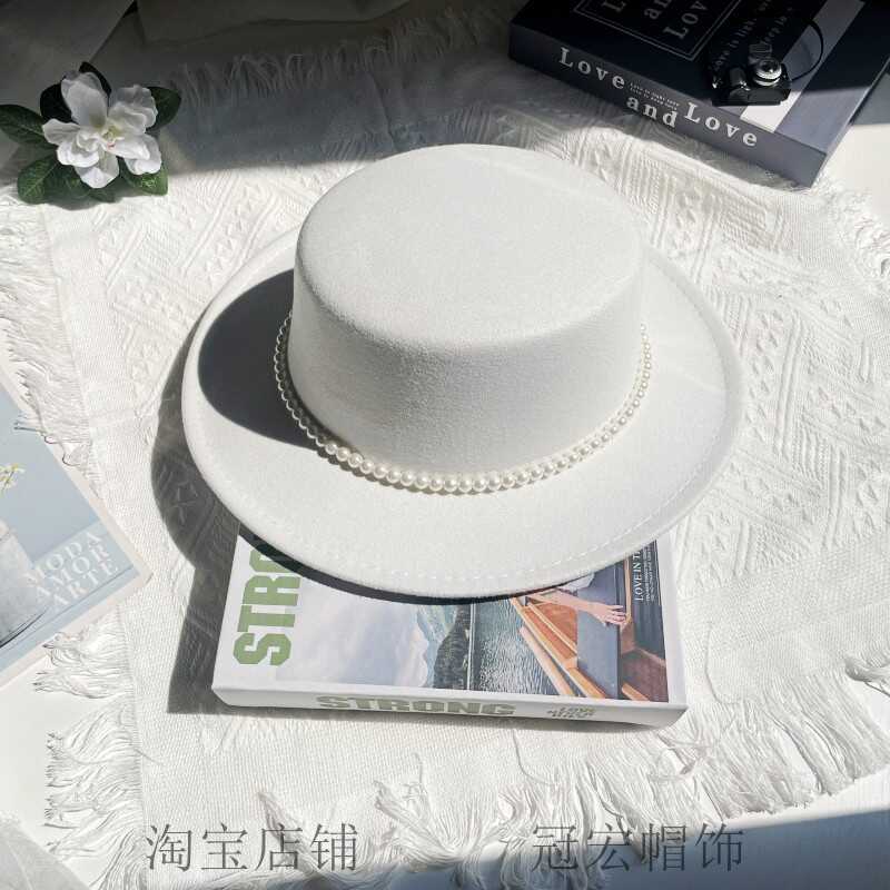 英伦复古帽子珍珠链条白色名媛