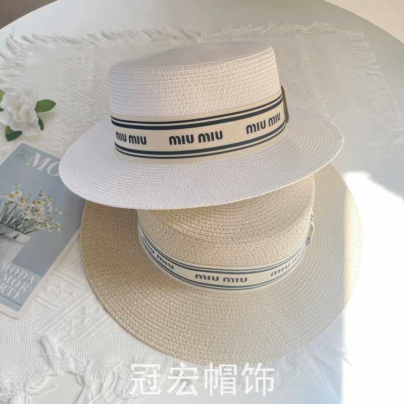 法式名媛风平顶礼帽2024新款草编防晒遮阳帽女夏字母丝带海边度假