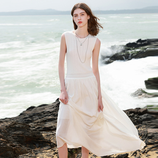 ibudu2025夏季新款圆领无袖背心裙A字裙收腰大摆连衣裙长裙女