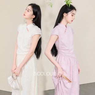 剪花连衣裙短袖 三彩 新款 2026春季 立领A字裙长裙C 不染烟霞