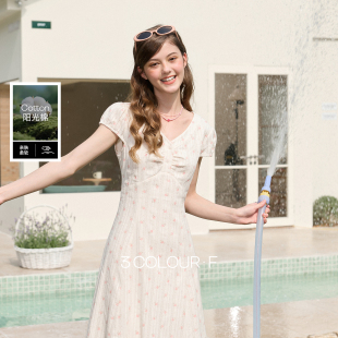 法式 新款 三彩独醒2026春季 V领印花连衣裙A字裙长裙气质F 100棉