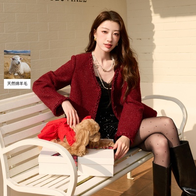 【绵羊毛】若潮大码女装2026春季新款酒红V领香风外套胖MM