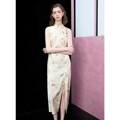 ibudu2025春季新款新中式提花印花旗袍裙连衣裙无袖修身女