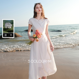 圆领短袖 新款 三彩2026春季 A字裙连衣裙小白裙简约长裙M 理想裙