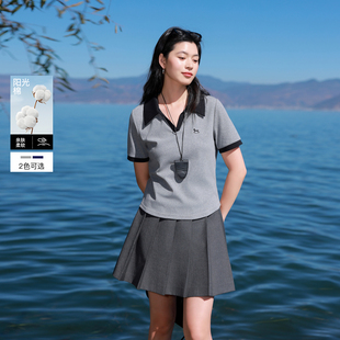 若潮大码女装2026春季新款Polo领棉T恤短袖上衣刺绣马胖MM
