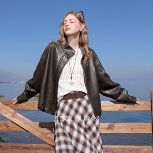 三彩2026春季新款立领长袖PU皮外套夹克拉链开衫复古宽松休闲M