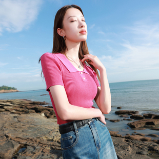 新款 针织衫 毛衫 三彩若潮大码 修身 2025秋季 套头短袖 显瘦胖MM 女装