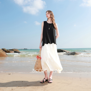 三彩2026春季 圆领背心裙假两件拼接A字裙连衣裙简约长裙M 新款