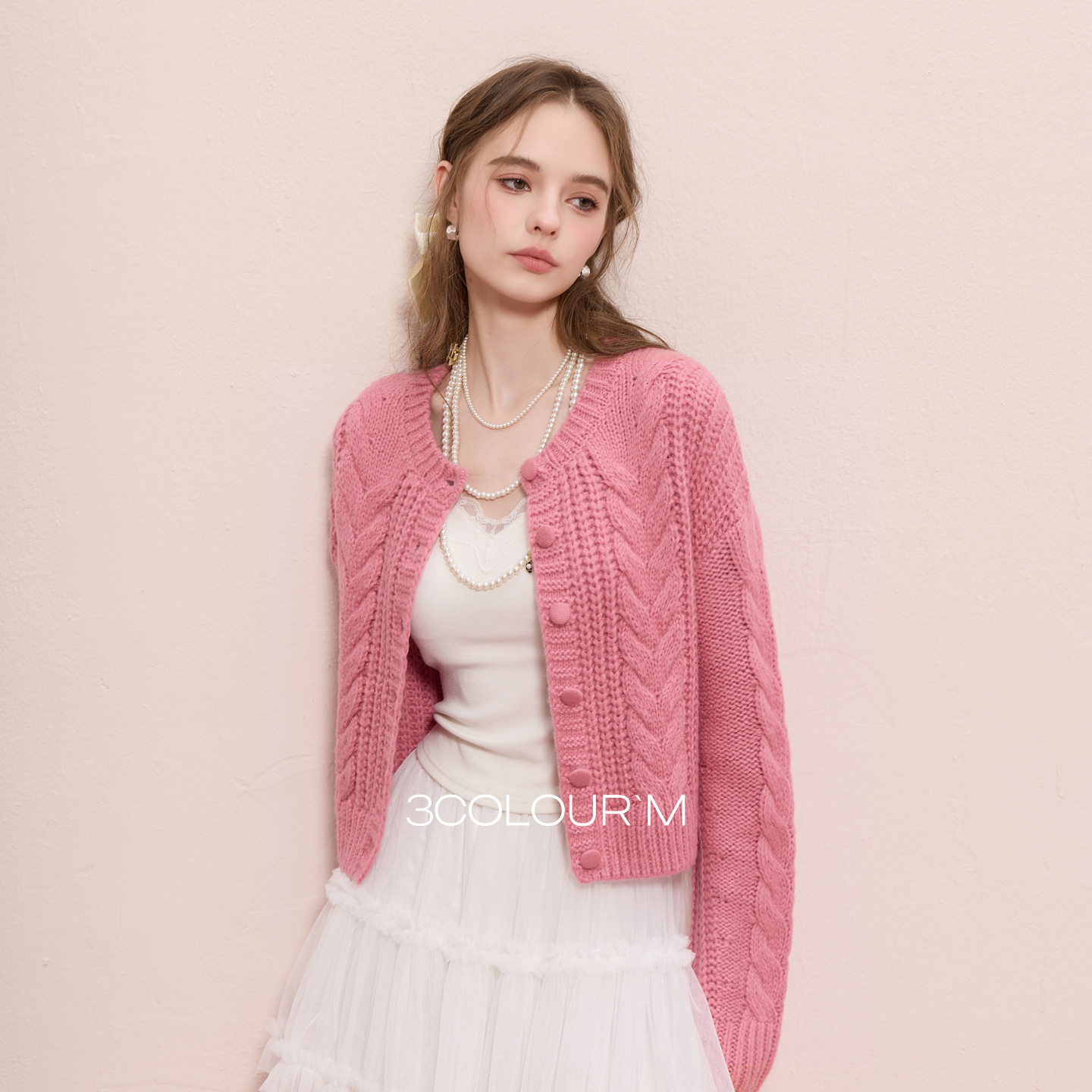 三彩2025冬季新款绞花针织衫圆领宽松毛衫外套短款开衫M