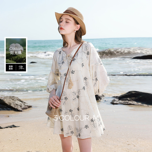 100棉 A字裙法式 三彩2026春季 流苏系带V领灯笼袖 连衣裙M 新款