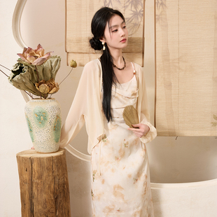 三彩大码女装2025夏季新款新中式小衫吊带裙两件套装橘色开叉胖MM