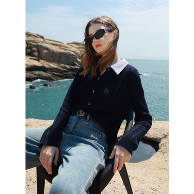 ibudu2025春季新款假两件条纹翻领针织衫绞花肌理开衫毛衣女