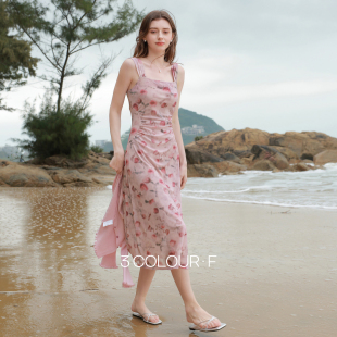 三彩独醒2026春季 网纱印花吊带裙方领收腰A字连衣裙F 新款