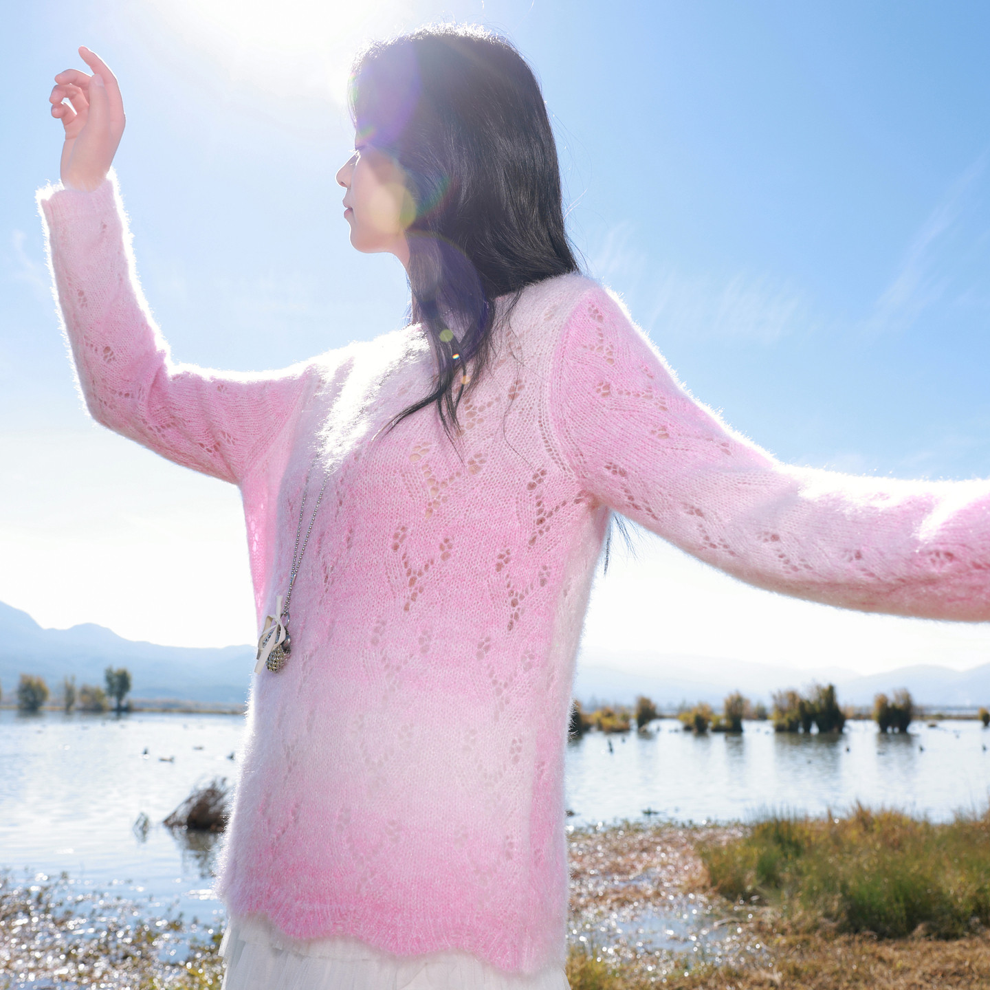 若潮大码女装2026春季新款一字领针织衫长袖镂空浅粉晕染胖MM,女装/女士精品,毛针织衫,淘宝优惠券,粉丝福利购,淘宝优惠卷