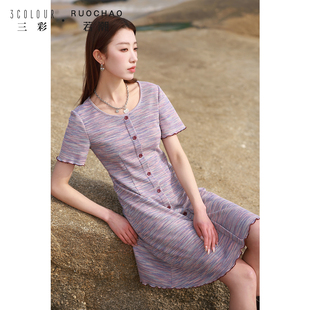 圆领针织连衣裙油画裙波浪边胖MM 2025夏秋新款 三彩若潮大码 女装