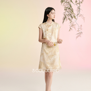 溪风晚月 立领连衣裙新中式 三彩2026夏季 短袖 A字裙宽松C女 新款