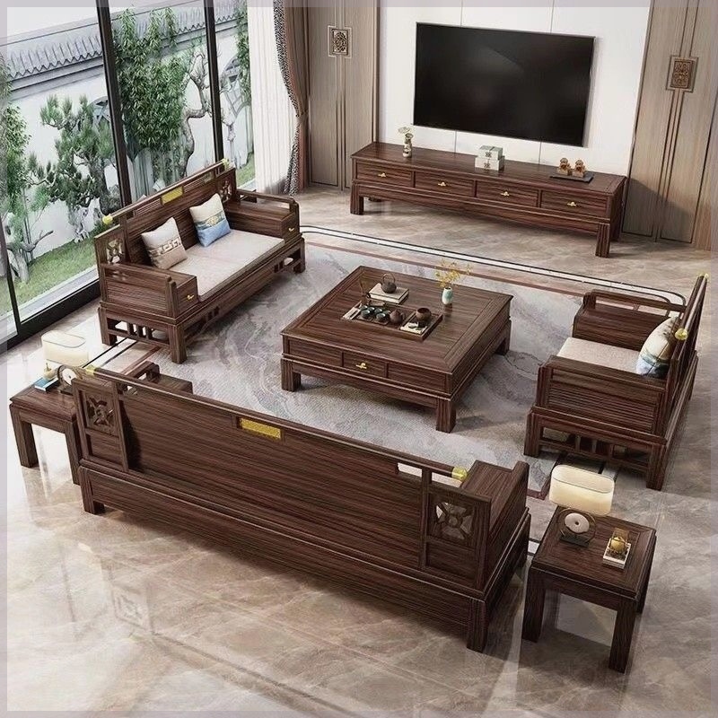 新中式乌金木全实木沙发组合冬夏两用高端客厅中国风储物别墅家具