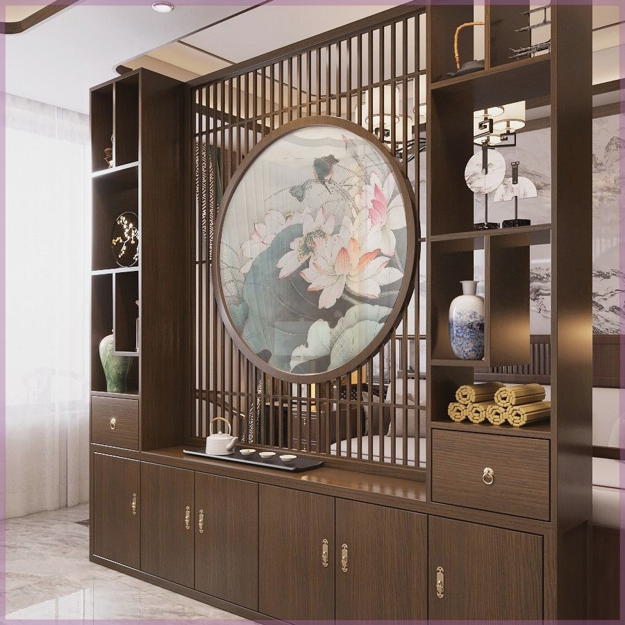 屏风隔断客厅新中式实木玄关柜别墅背景墙入户隔断酒柜遮挡置物架