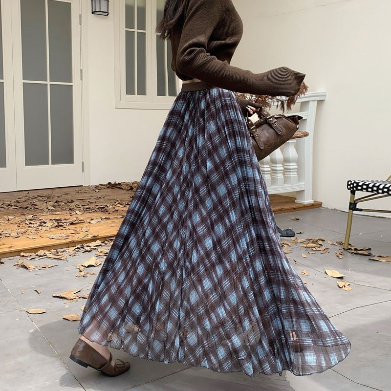 秋季新款褶皱复古格子网纱裙大码女中长款高腰大摆A字半身裙