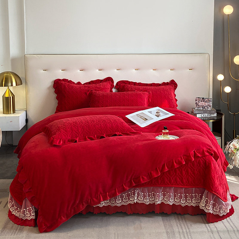 牛奶绒结婚床盖四件套婚床大红喜被婚礼婚庆夹棉床单被套冬天保暖