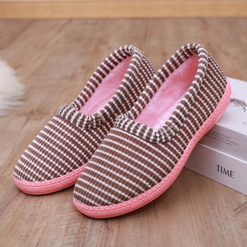 可爱低帮条纹防滑保暖毛绒月子鞋