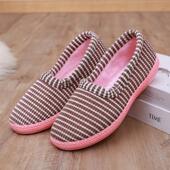 加绒保暖包跟软底防滑居家室内外百搭舒适条纹月子鞋 棉拖鞋 女冬季