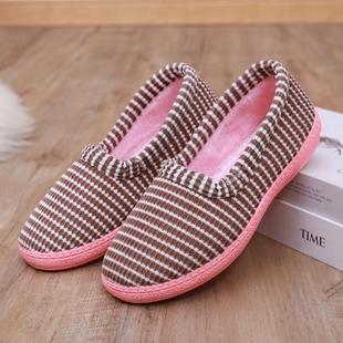 加绒保暖包跟软底防滑居家室内外百搭舒适条纹月子鞋 棉拖鞋 女冬季
