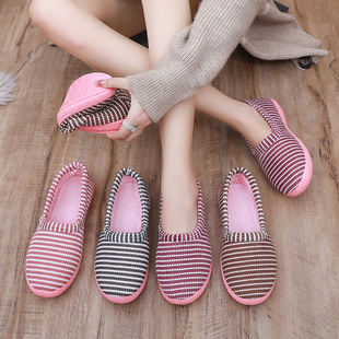 女包跟软底防滑居家室内外百搭舒适条纹月子鞋 冬季 加绒保暖棉拖鞋
