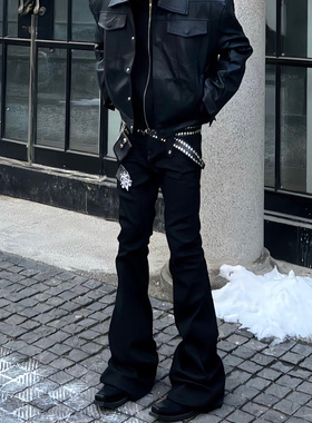 美式ro黑色弹力飘带微喇叭牛仔裤黑色长裤版型不挑身材显腿长男潮