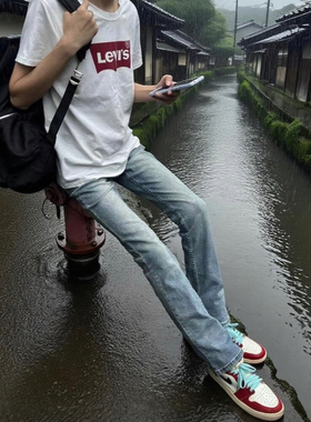 美式微喇显瘦牛仔裤薄款浅蓝色高街vibe非常修身cleanfit长裤子男