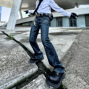 Cleanfit风格重磅水洗猫须脏染泼墨微喇牛仔裤高弹力修身长裤子男