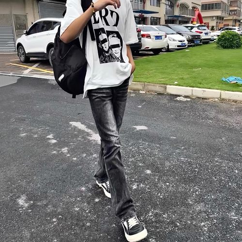 美式高街vibe风重磅水洗黑灰vintage517质感微喇弹力修身牛仔裤男