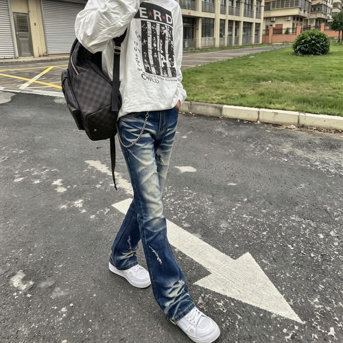 美式银线牛蓝猫须牛仔裤cleanfit