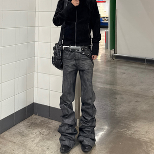 美式 男 高街vibe风复古黑色涂层刷蜡街头阔腿微喇叭拖地小众牛仔裤